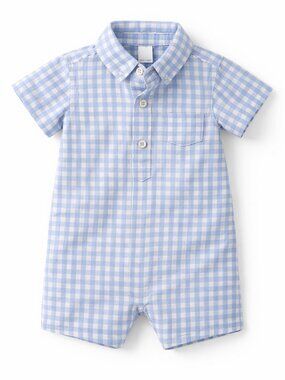 NWT Nordstrom Baby Boy Gingham Romper 6M Blue White Button Short Sleeve Outfit